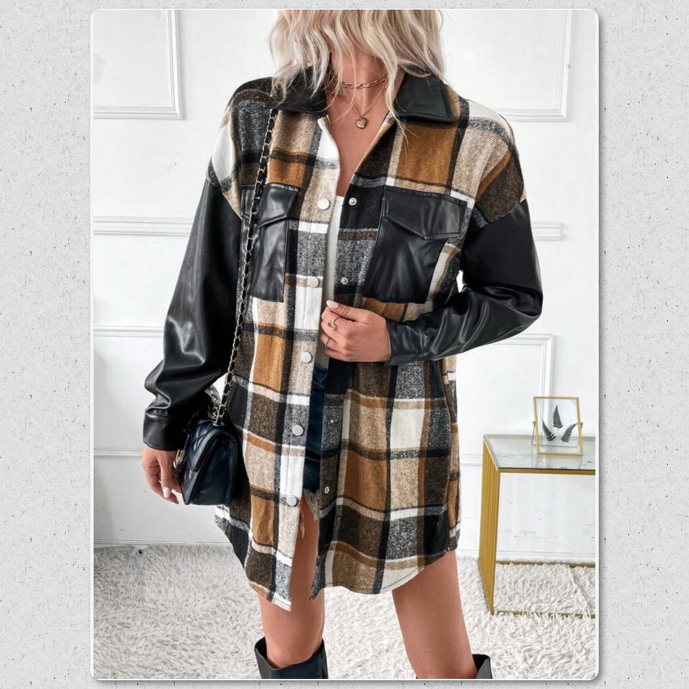 Plaid and Leather Women's Jacket